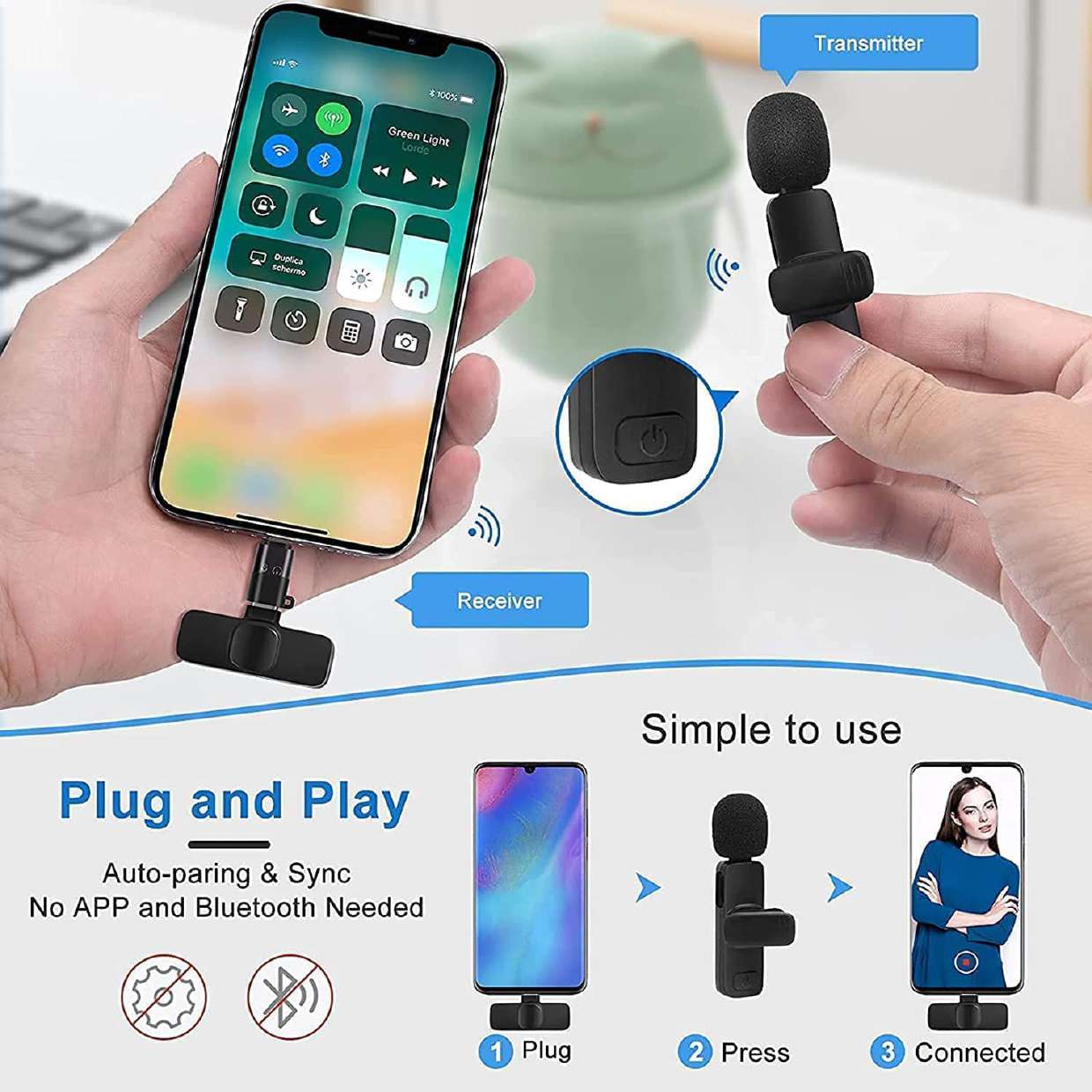 K8 Wireless Microphone, Mini Portable Recording Clip Mic with Receiver for All Type-C, Micro U Mobile Phones Camera Laptop for Vlogging YouTube Online Class, Zoom Call
