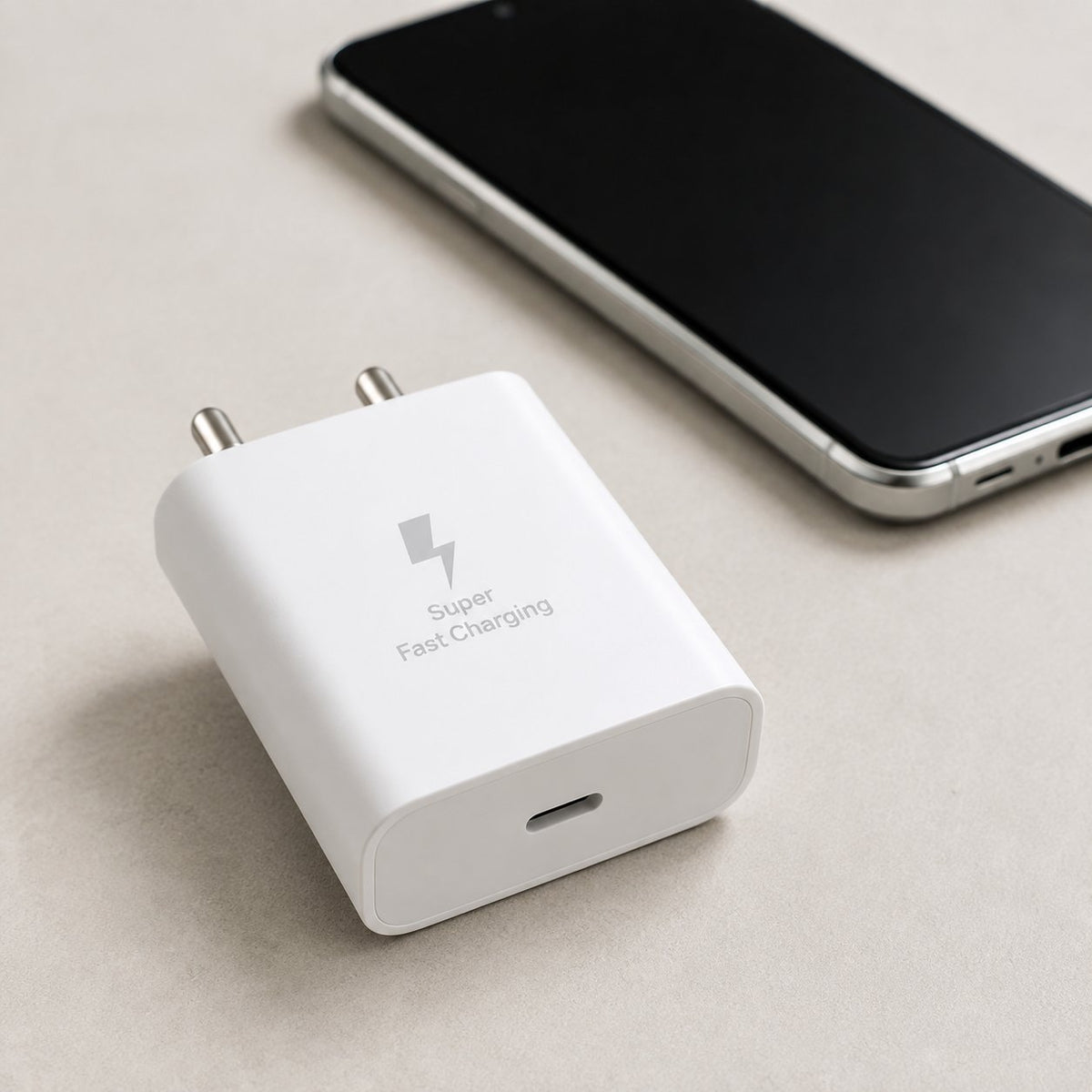 White 25W USB-C adapter beside a smartphone on a neutral desk