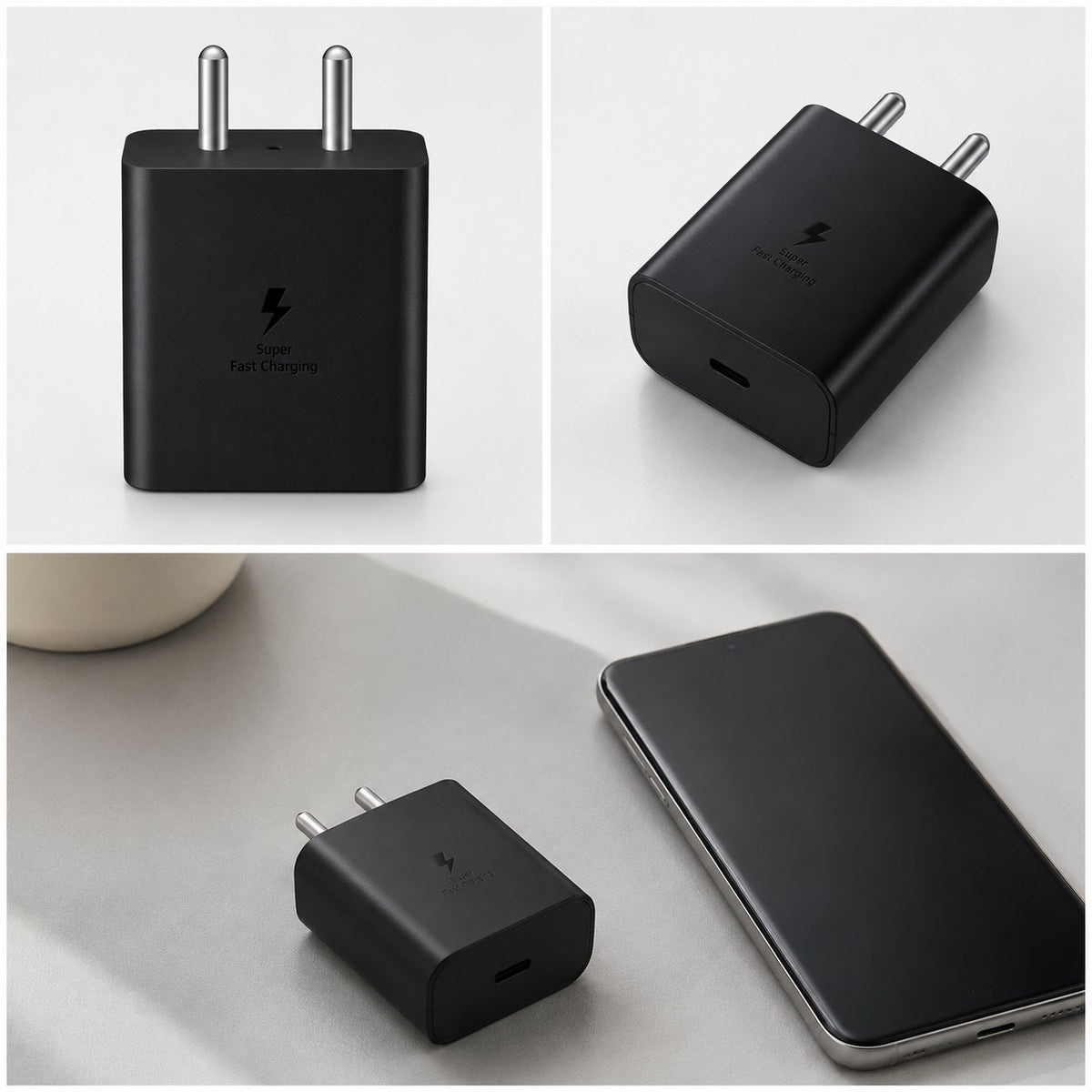 Black 45W charger shown from two angles and beside a smartphone