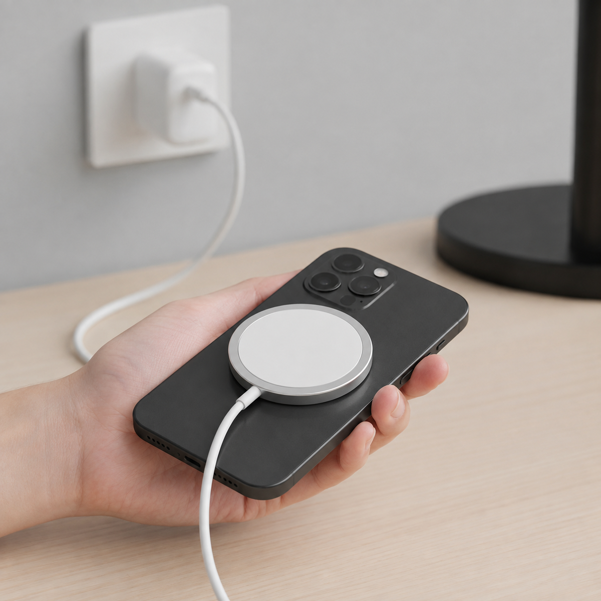 Magnetic charging pad attached to the back of a handheld phone