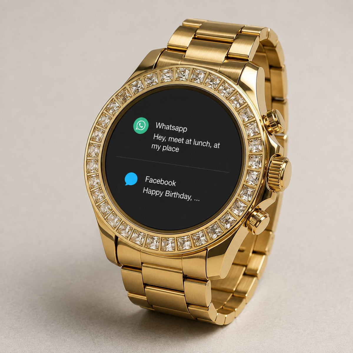 Gold smartwatch displaying message notifications