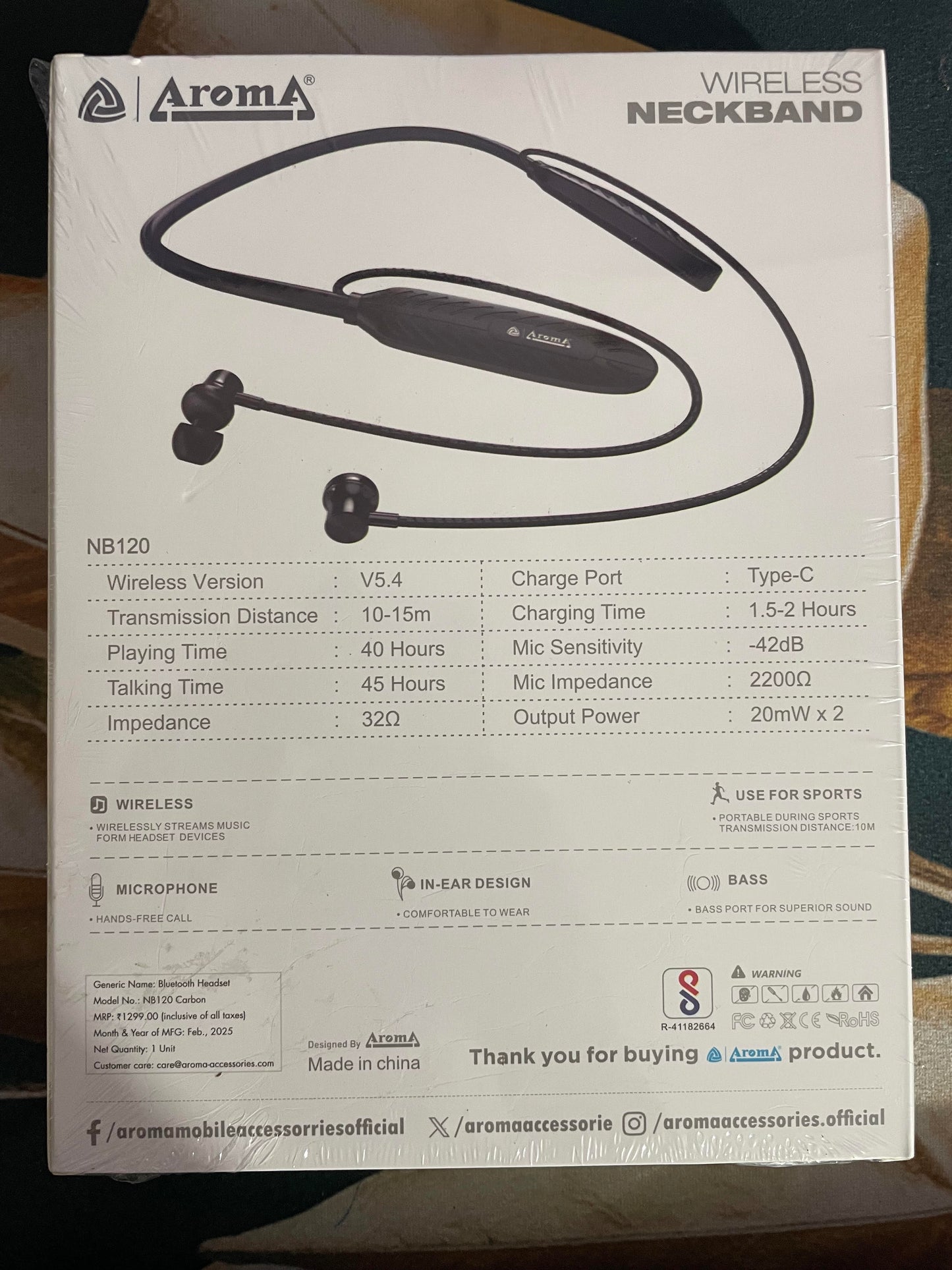 Aroma Wireless Neckband | HD Sound | 40H Battery | Bluetooth with Noise Clarity | Magnetic Lock | Type-C Fast Charging
