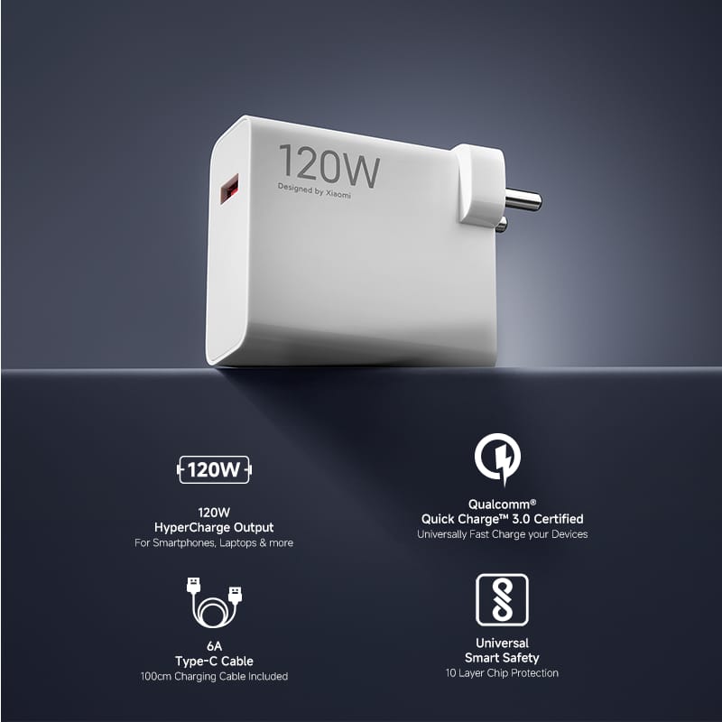 Xiaomi 120W Turbo Charging Power Adaptor with Type-C Data Cable – Superfast & Stylish Charger