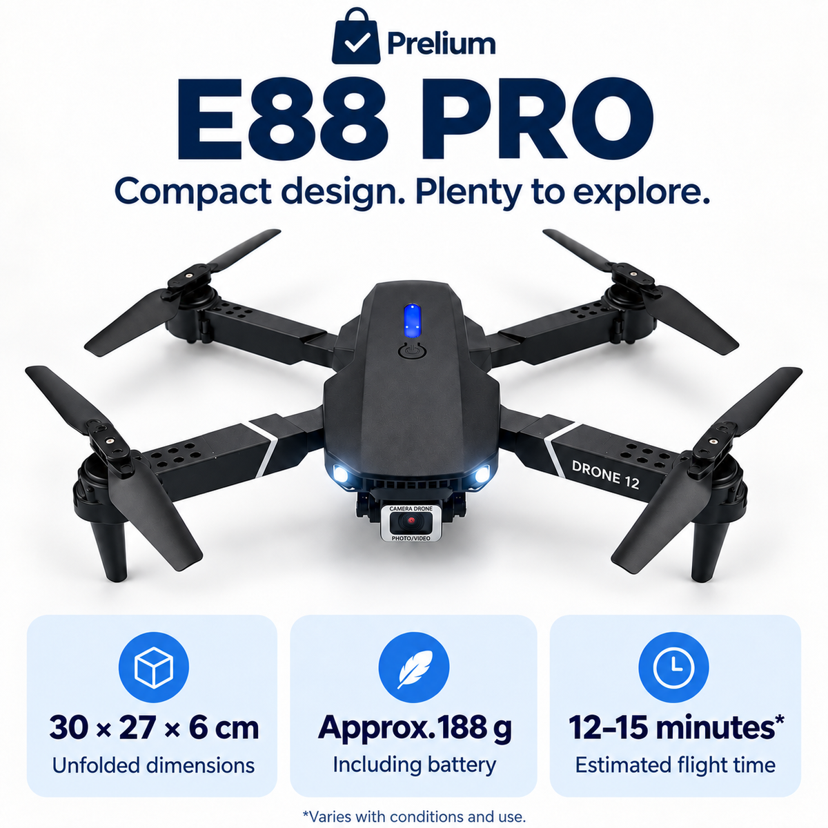 Prelium branded E88 Pro specification card showing dimensions, approximate weight and estimated flight time