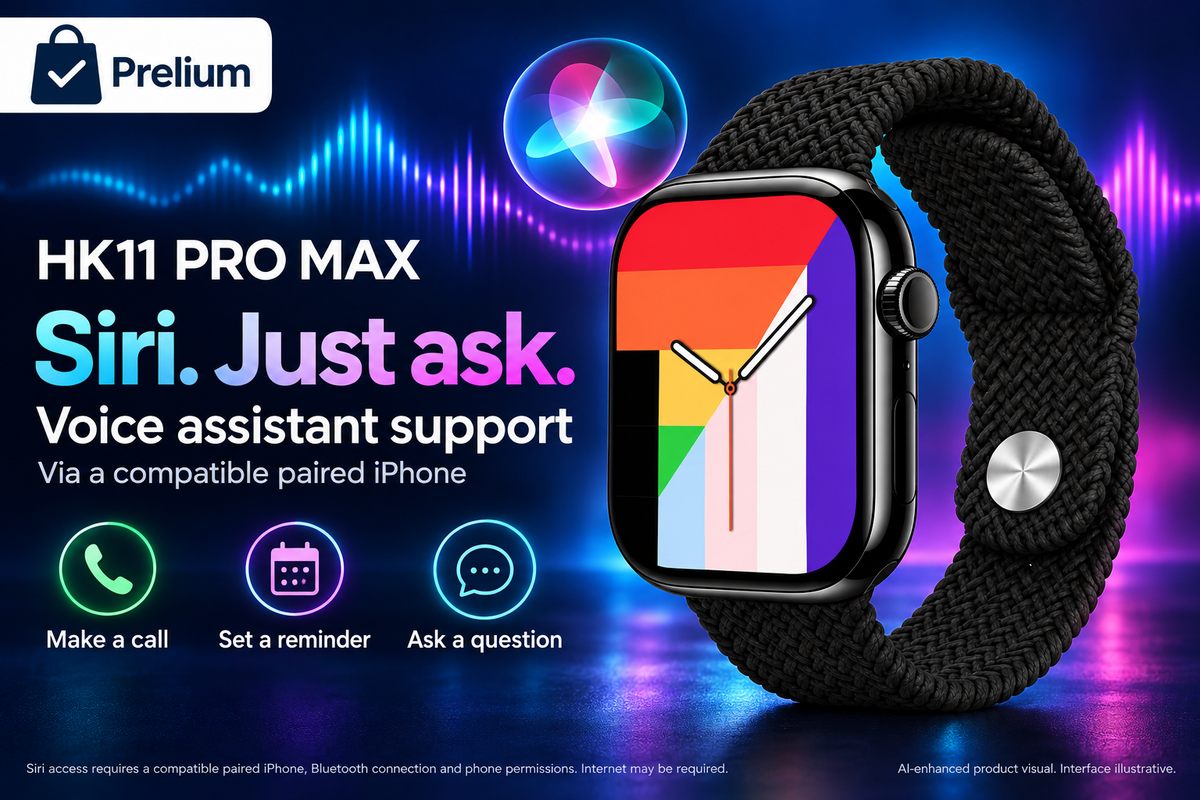 Prelium HK11 Pro Max — Siri voice assistant via a compatible paired iPhone: make a call, set a reminder, ask a question