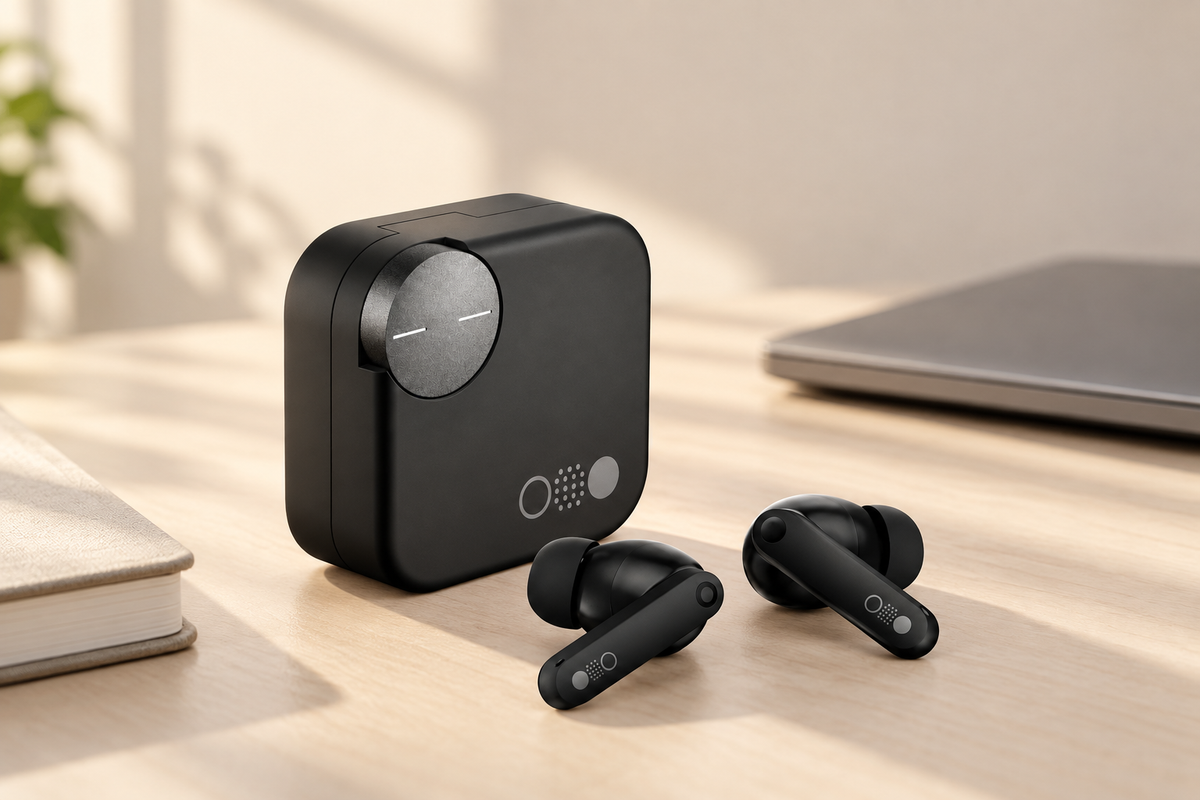AI-styled desk scene featuring black Prelium CMT wireless earbuds and charging case