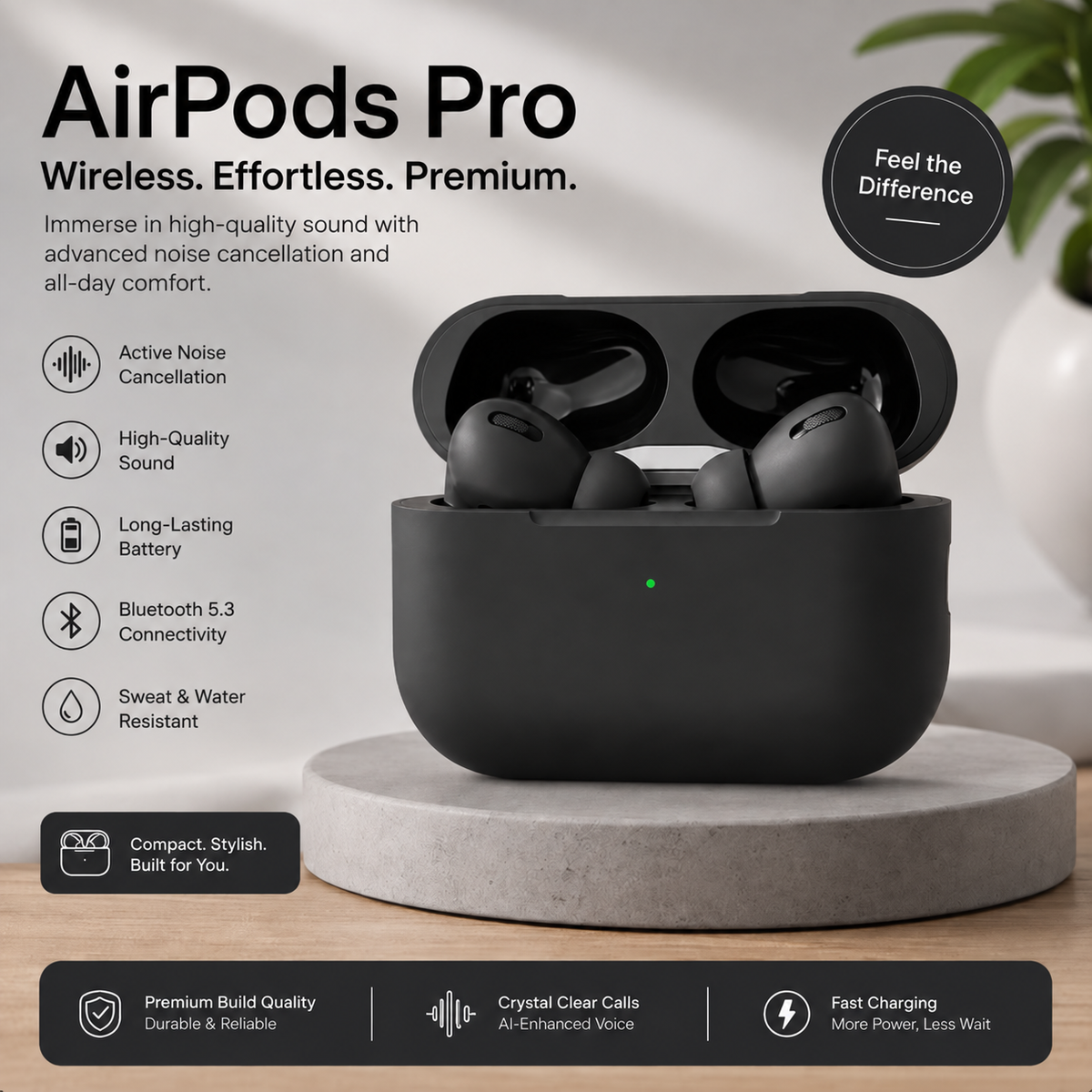 Black Airpods pro 2 wireless earbuds with active noise cancellation and USB-C charging case