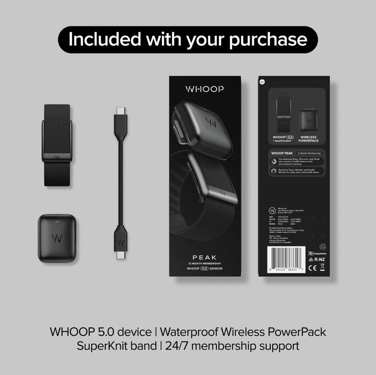 WHOOP 5.0 Peak box contents with black band, Wireless PowerPack and USB-C cable