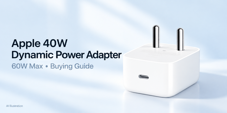 AI illustration of Apple 40W Dynamic Power Adapter with 60W Max, white body, USB-C port and two round plug pins