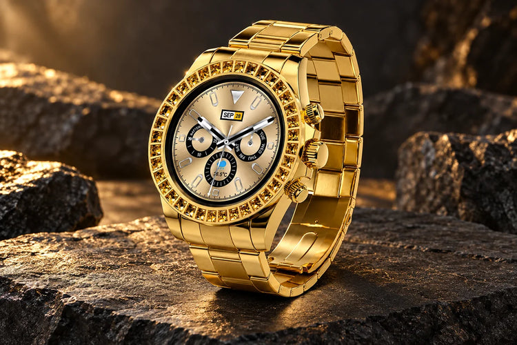 Fire-Boltt Blizzard Ultra Gold smartwatch with round dial and jewel-studded bezel on dark stone — AI-styled illustration