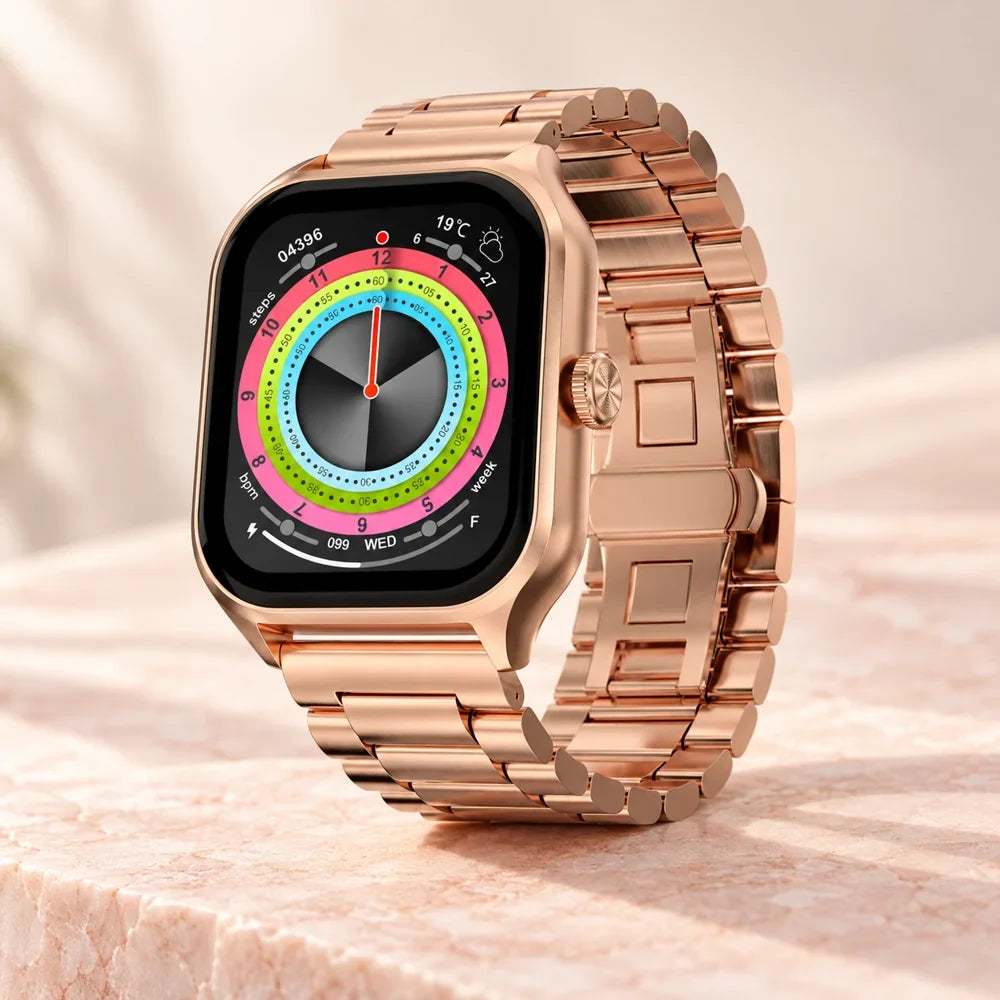 AI-styled product illustration of Fire-Boltt Solaris Pink smartwatch with metal bracelet