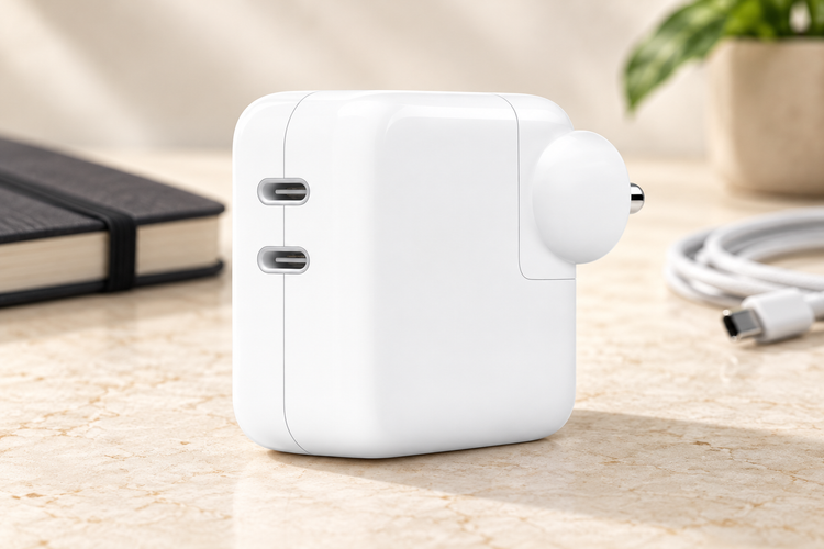 AI illustration of white Apple 35W dual USB-C adapter with two visible charging ports
