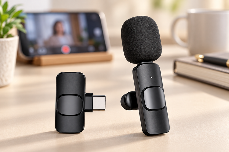 AI illustration of K8 wireless collar microphone and USB-C receiver on a creator desk