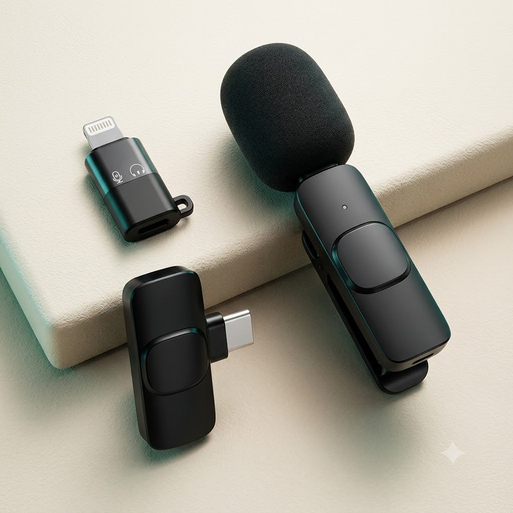 AI illustration of a K8 wireless collar microphone with receiver and Lightning adapter