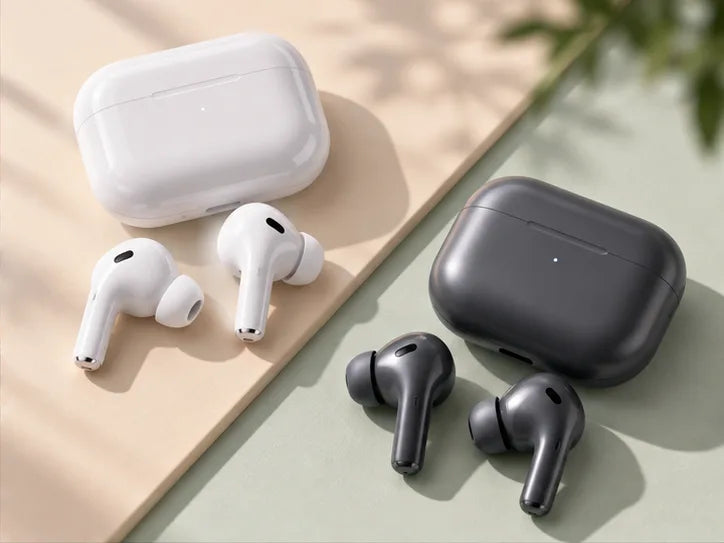 Illustrative artwork of white and grey wireless earbuds