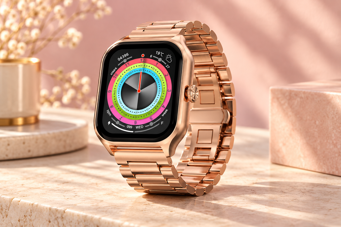 AI illustration of Fire-Boltt Solaris Pink smartwatch with rose-gold metal-link bracelet
