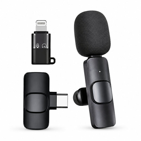 Black K8 clip-on microphone with USB-C receiver and Lightning adapter