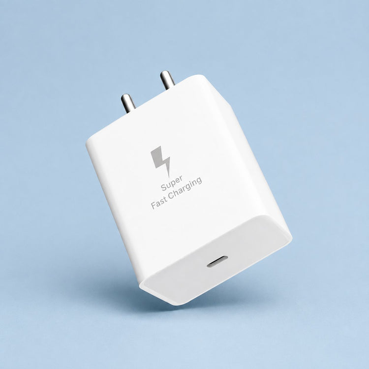 White 25W USB-C adapter on a pale blue background