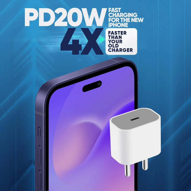 Prelium 20W USB-C PD adapter pictured beside an iPhone in a charging promotion