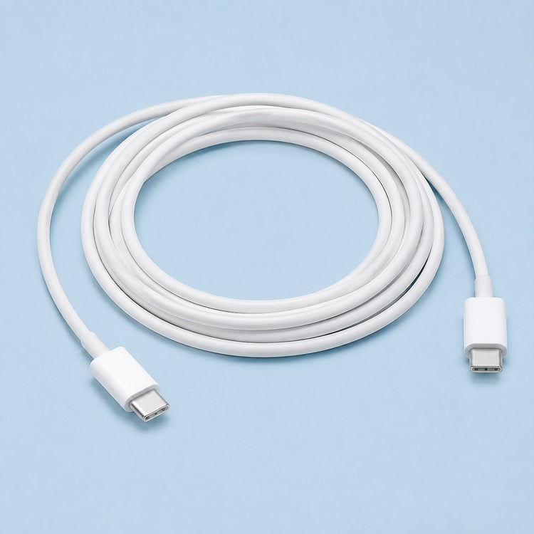 Coiled white USB-C to USB-C cable on pale blue