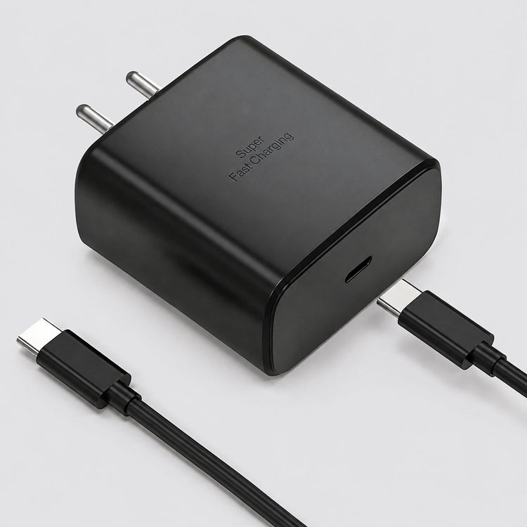 Black 45W charger USB-C port and two USB-C cable ends