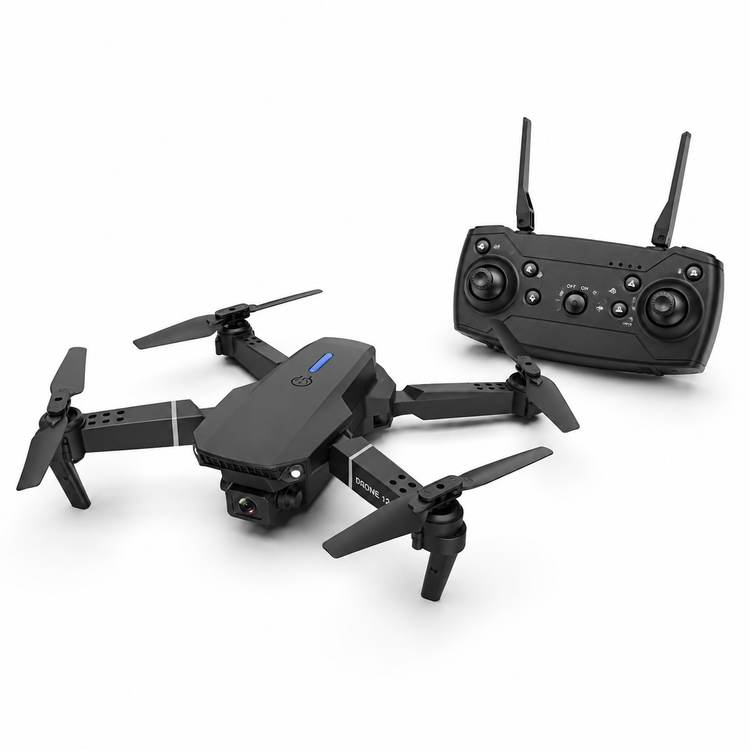 Unfolded drone and controller on white