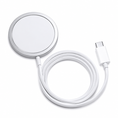Silver and white magnetic charging pad with coiled USB-C cable