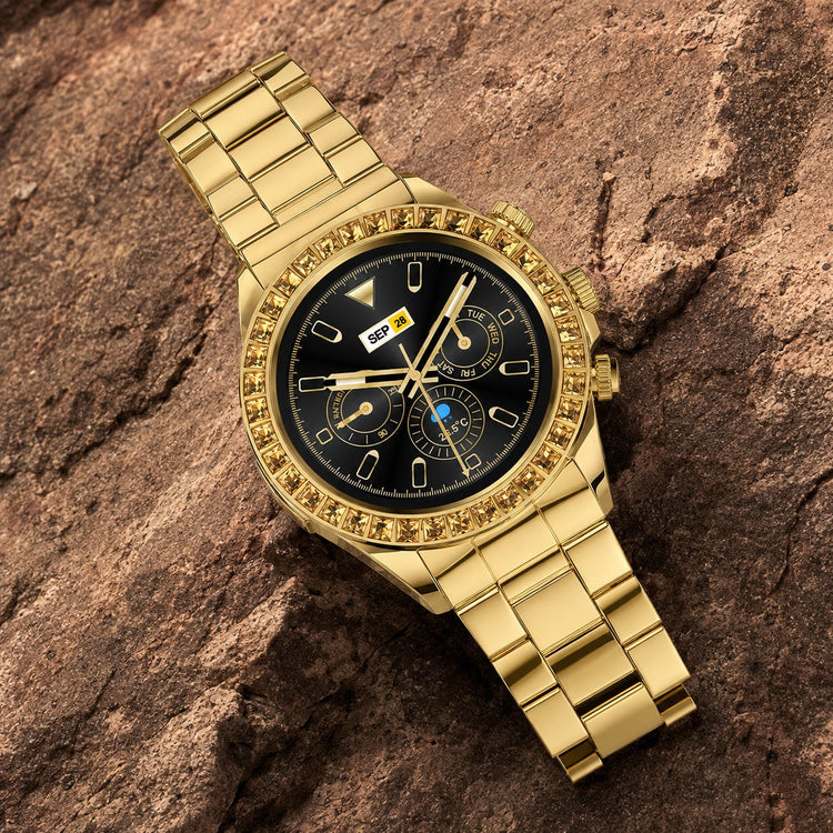 Fire-Boltt Blizzard Ultra gold smartwatch on brown stone