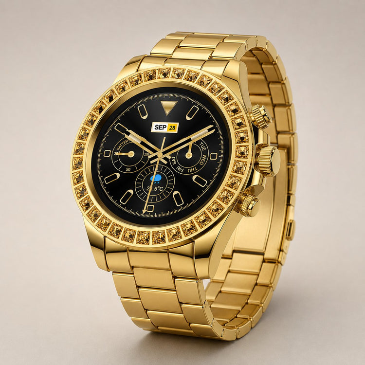 Fire-Boltt Blizzard Ultra gold smartwatch and steel bracelet on a grey background