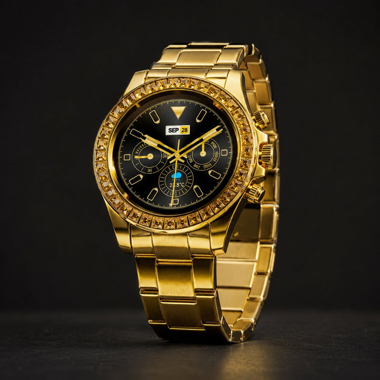 Fire-Boltt Blizzard Ultra gold smartwatch with dark dial on a charcoal background