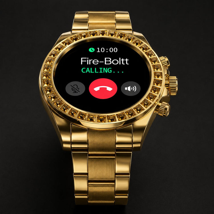 Fire-Boltt Blizzard Ultra gold smartwatch showing the calling screen