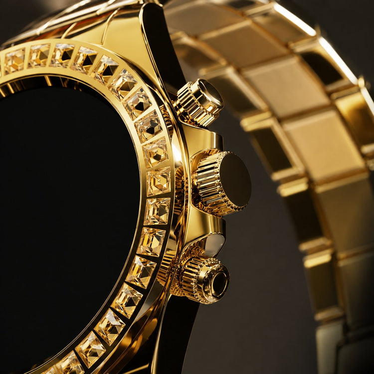 Fire-Boltt Blizzard Ultra gold smartwatch crown and jewel-studded bezel close-up