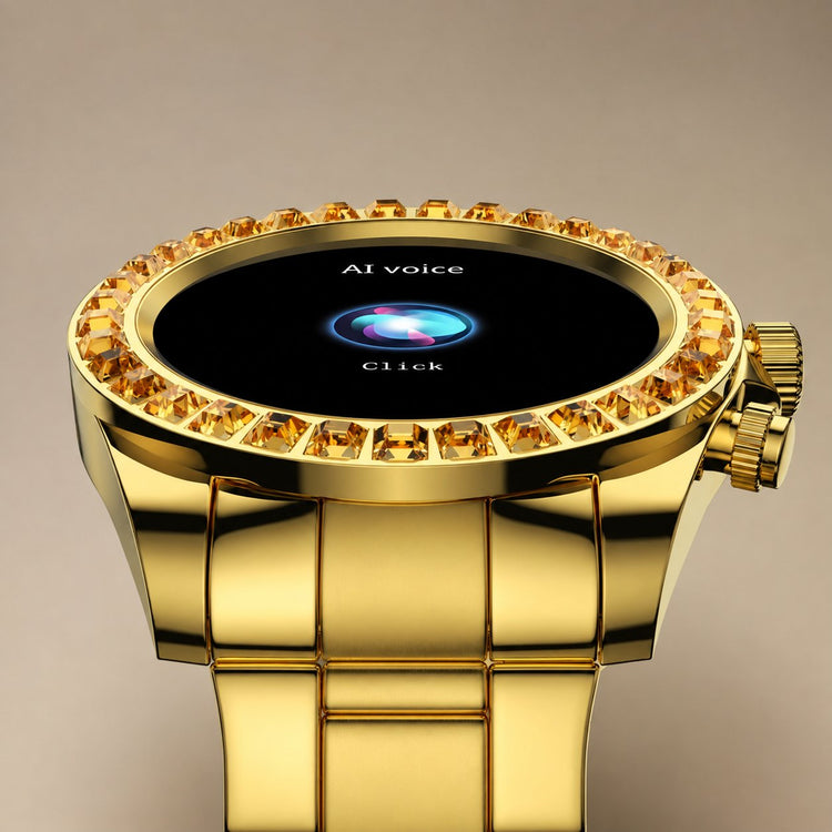 Fire-Boltt Blizzard Ultra gold smartwatch showing voice controls