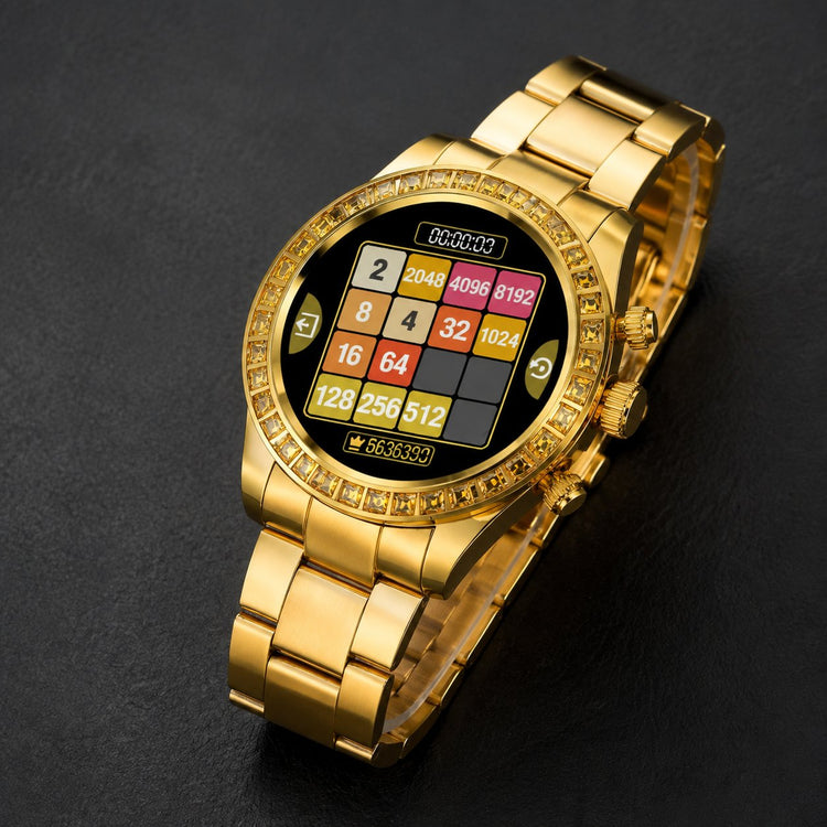 Fire-Boltt Blizzard Ultra gold smartwatch showing a number tile game