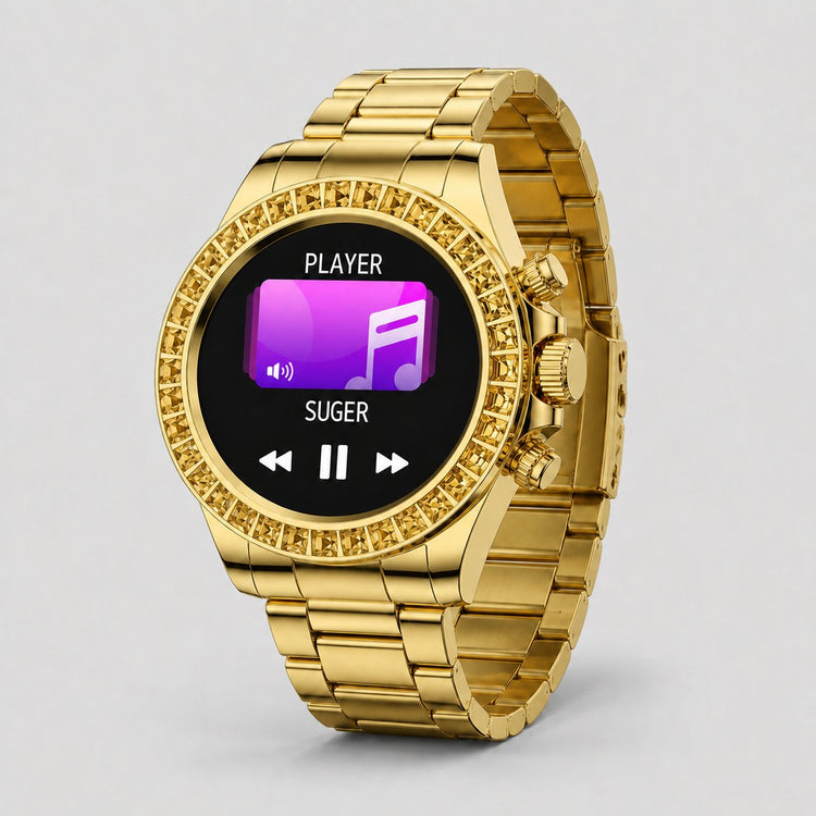 Fire-Boltt Blizzard Ultra gold smartwatch showing music playback controls