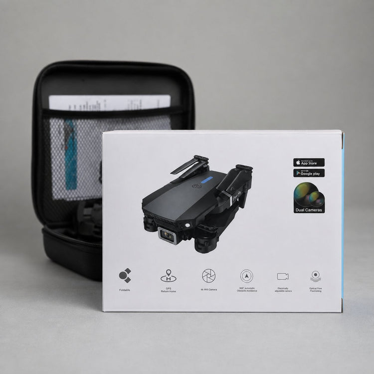 Drone retail packaging beside its carrying case