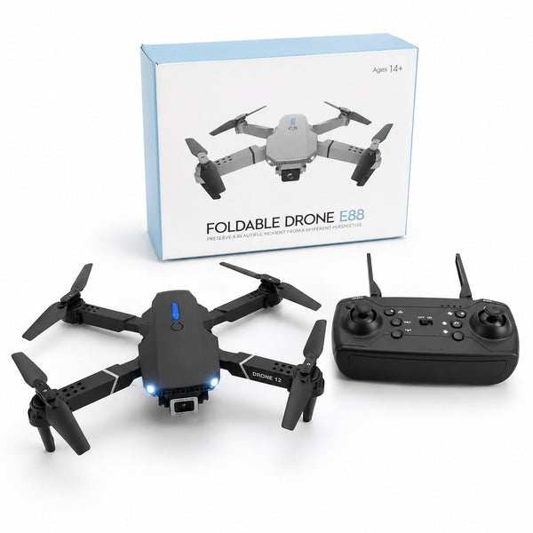 Black E88 foldable drone with controller and retail box
