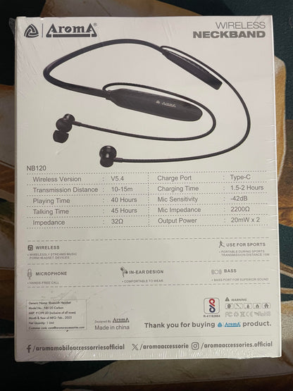 Aroma Wireless Neckband | HD Sound | 40H Battery | Bluetooth with Noise Clarity | Magnetic Lock | Type-C Fast Charging