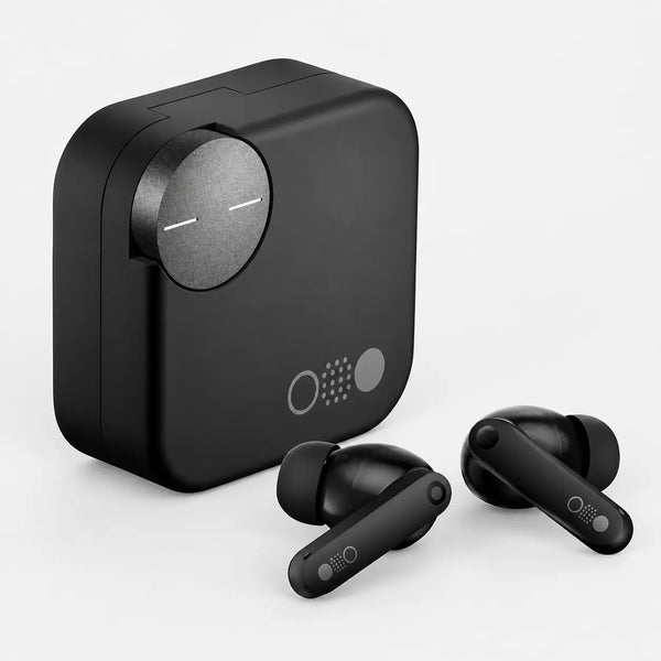 Black Prelium CMT wireless Bluetooth earbuds beside the closed charging case