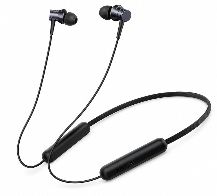Black wireless neckband earphones on white