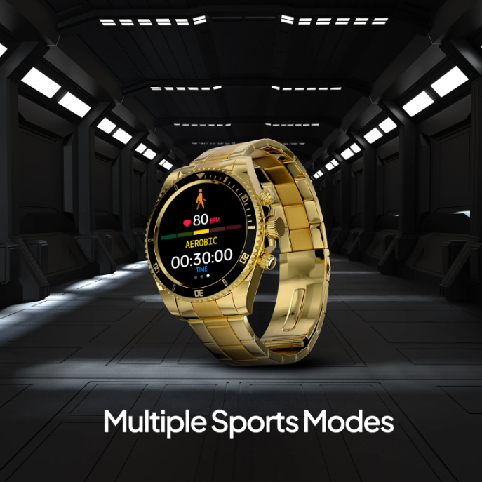 Fire-Boltt Astra Gold smartwatch showing sports tracking