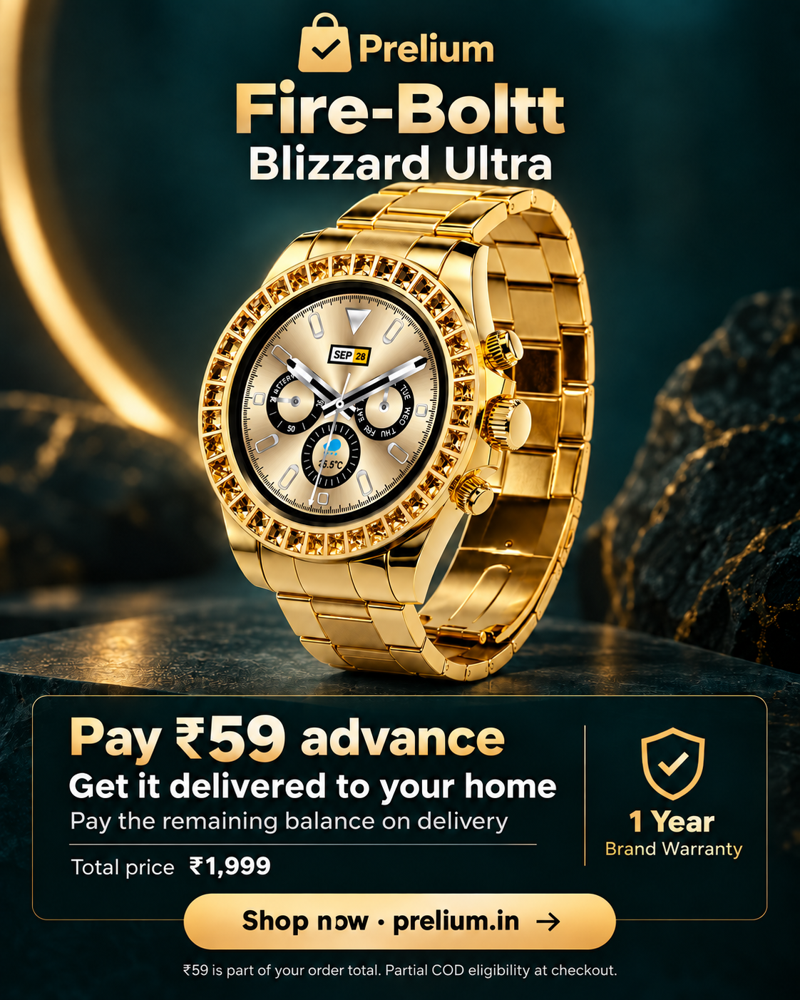 Prelium gold Fire-Boltt Blizzard Ultra smartwatch. Pay ₹59 advance toward ₹1,999 and the remaining balance on home delivery. Includes a 1-year brand warranty. Partial COD eligibility at checkout.