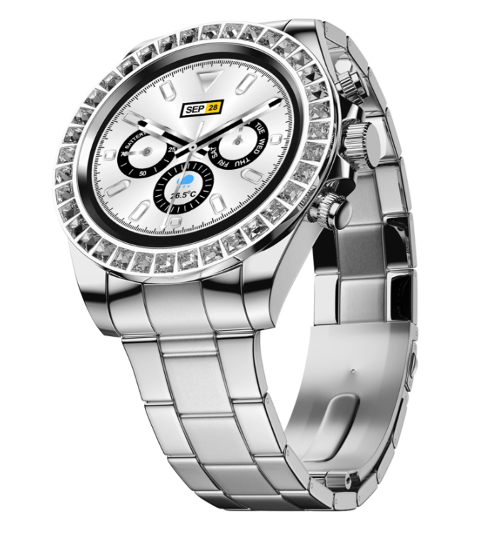Fire-Boltt Blizzard Ultra silver smartwatch and steel bracelet, angled view