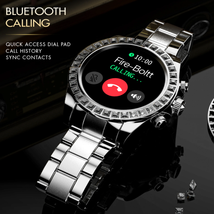Fire-Boltt Blizzard Ultra silver smartwatch showing Bluetooth calling and quick dial