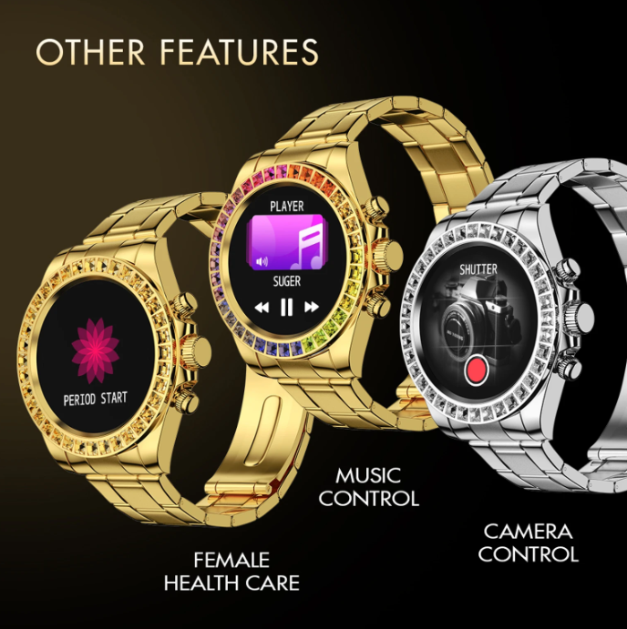 Fire-Boltt Blizzard Ultra silver smartwatch feature panel: health, music and camera controls