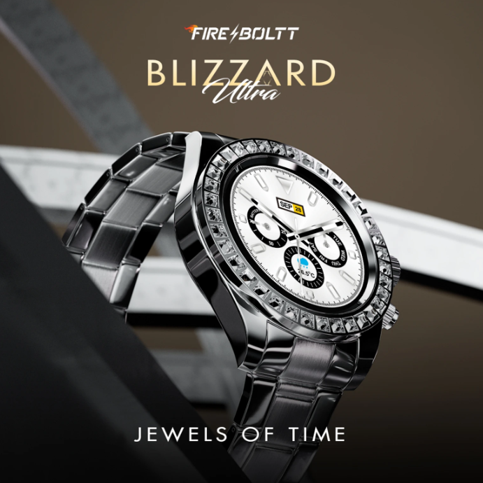 Fire-Boltt Blizzard Ultra silver smartwatch with white dial and jewel-studded bezel