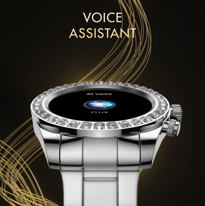 Fire-Boltt Blizzard Ultra silver smartwatch showing voice assistant controls