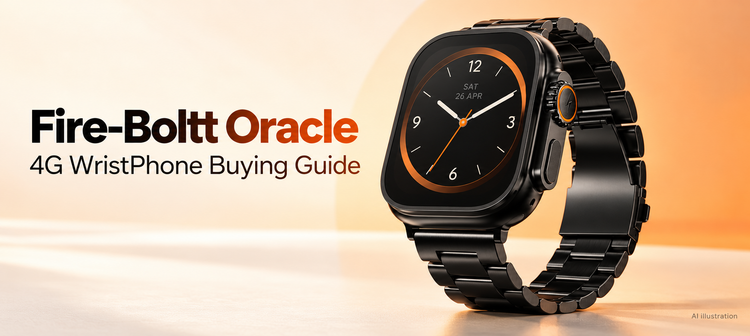 AI illustration of Fire-Boltt Oracle Black Chrome metal-strap wristphone for the Prelium buying guide