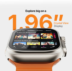 Fire-Boltt Oracle 1.96-inch Crystal View display shown on orange strap edition