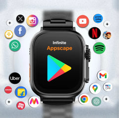 Fire-Boltt Oracle Black Chrome smartwatch with Play Store and app illustrations